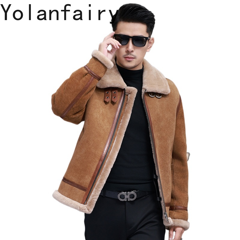 Men'S Fashion Leather Jacket - YOLANFAIRY Hoge kwaliteit echte schapenvacht lederen