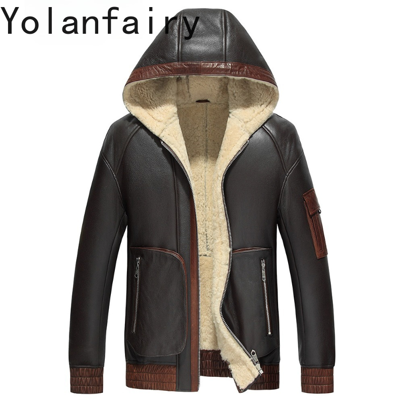 Men'S Fashion Leather Jacket - YOLANFAIRY Natuurlijke Wol Bontjas Man Capuchon