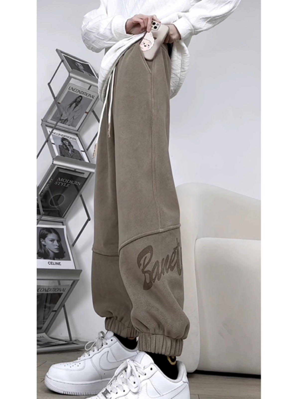 Men'S Fashion Khaki Pants - Khaki broek met fleecevoering aan beide